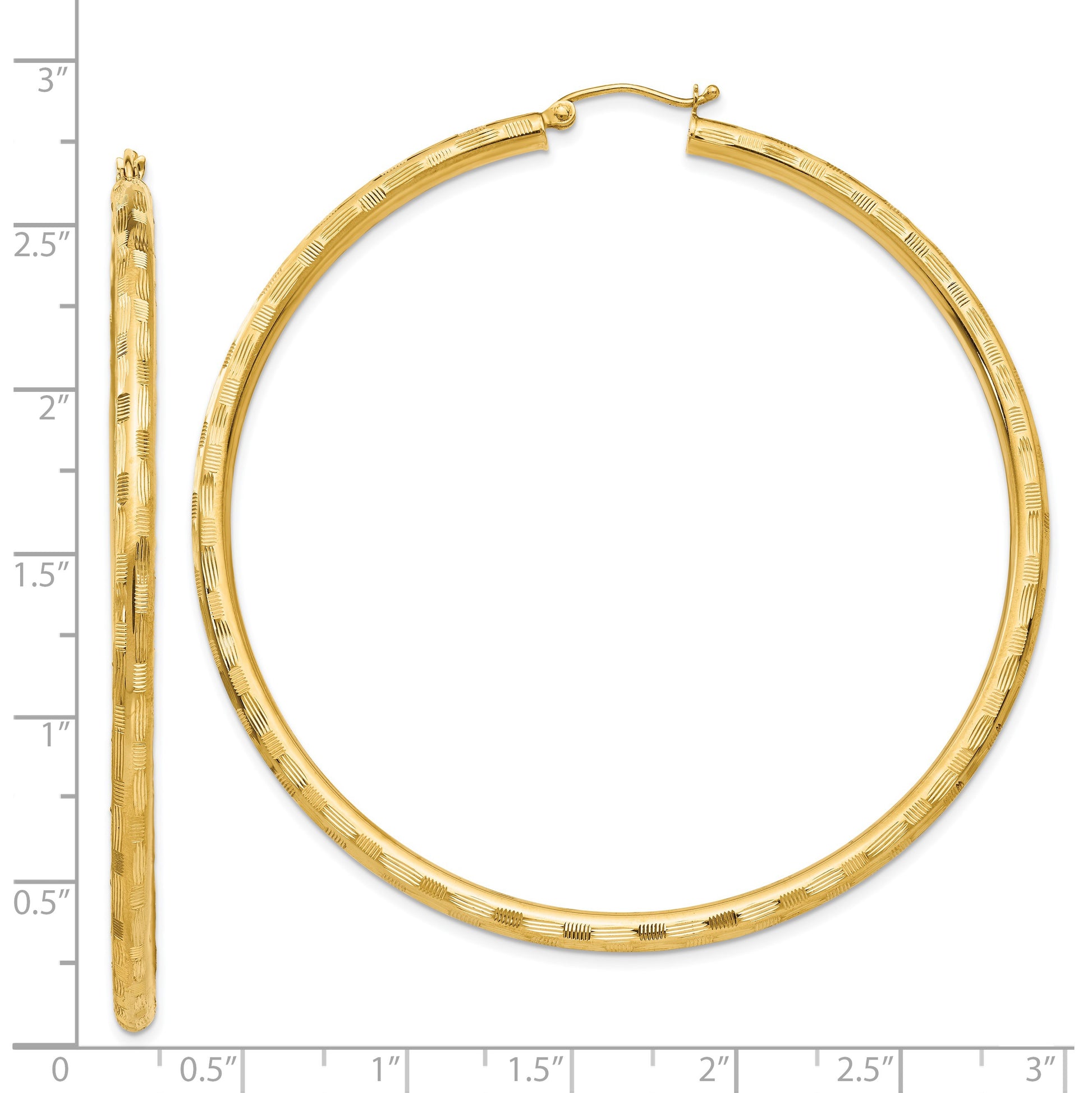 14k 3x65mm Diamond-cut Tube Hoop Earrings