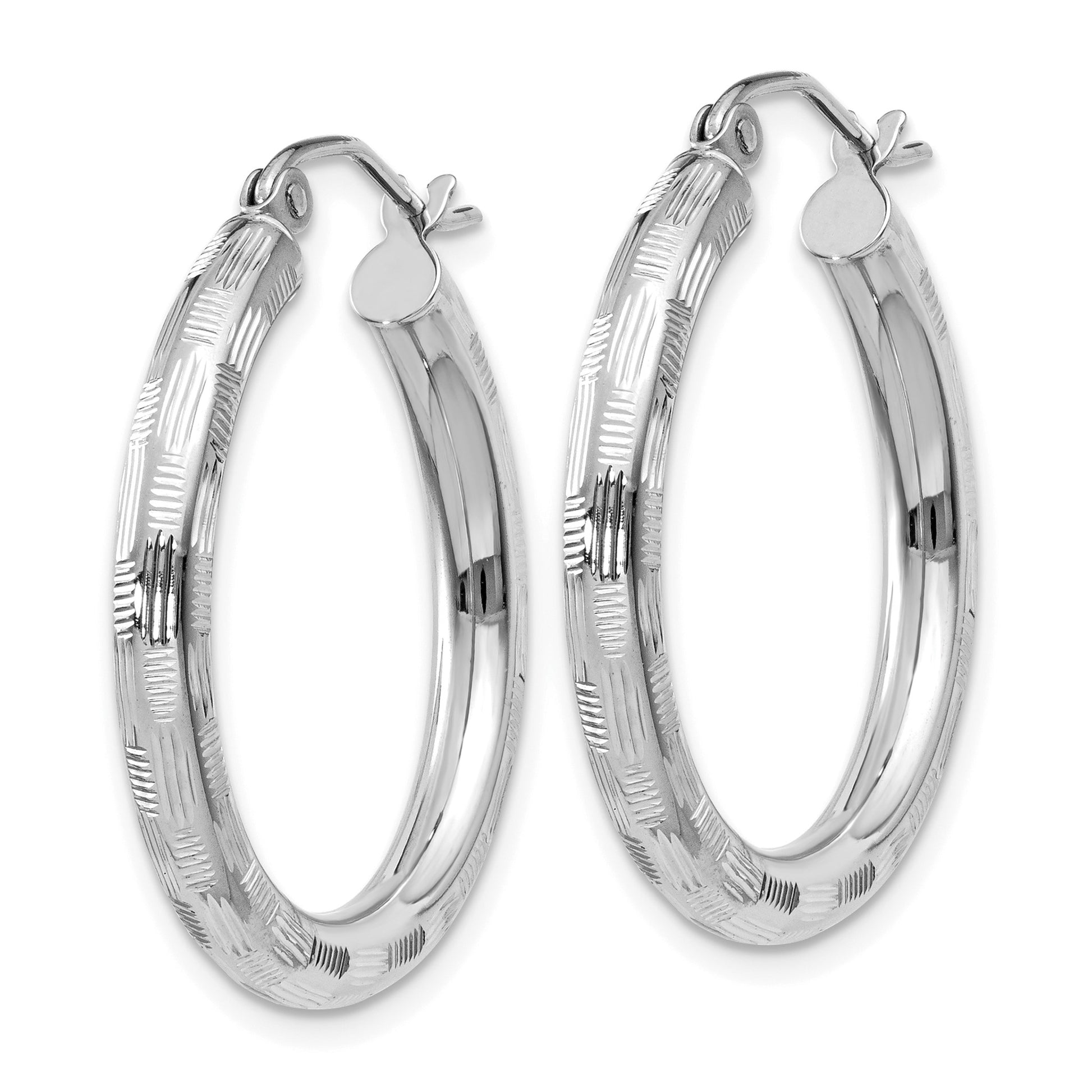 14k White Gold 3x20mm Diamond-cut Tube Hoop Earrings