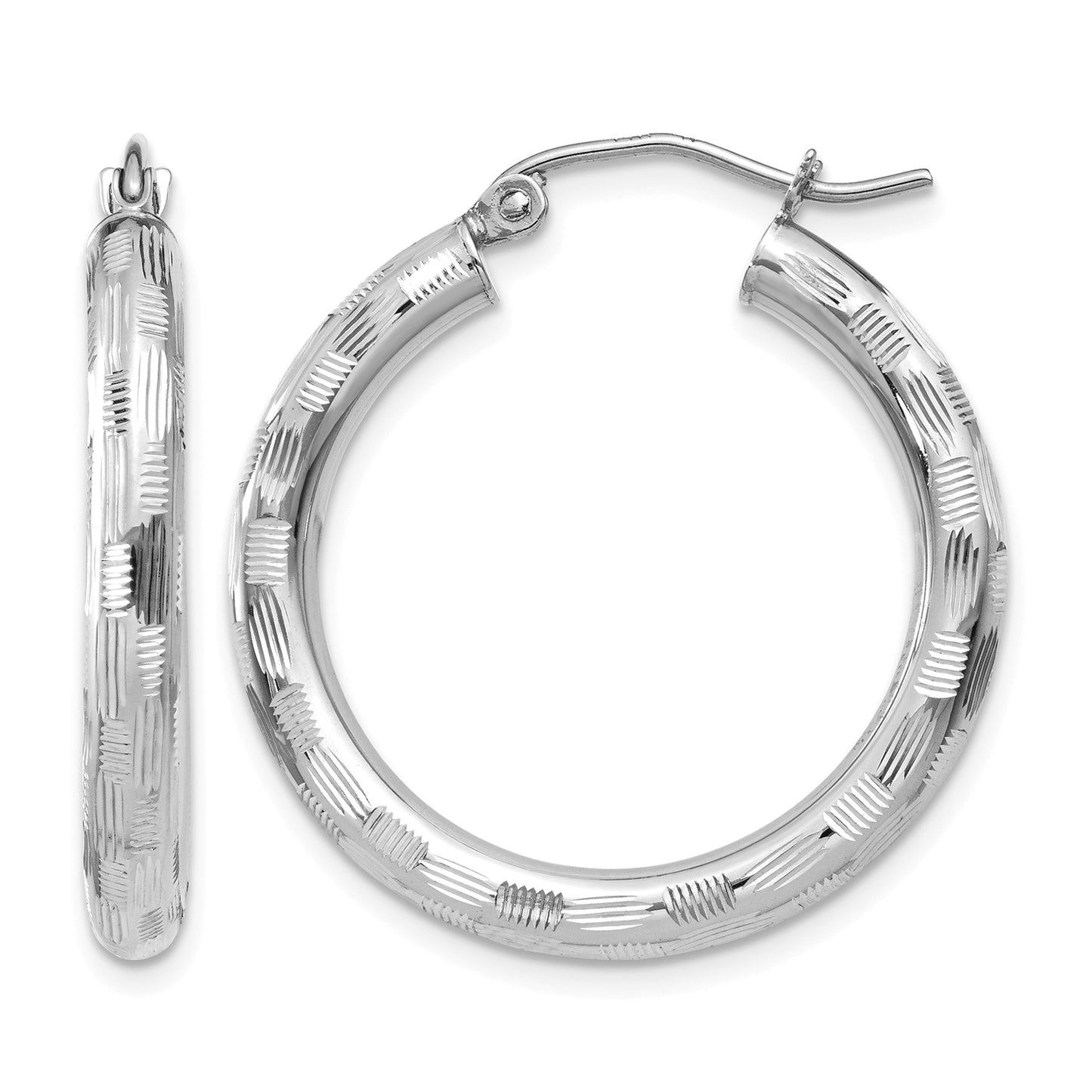 14k White Gold 3x20mm Diamond-cut Tube Hoop Earrings