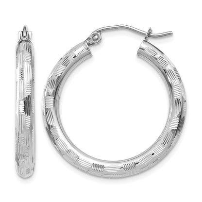 14k White Gold 3x20mm Diamond-cut Tube Hoop Earrings