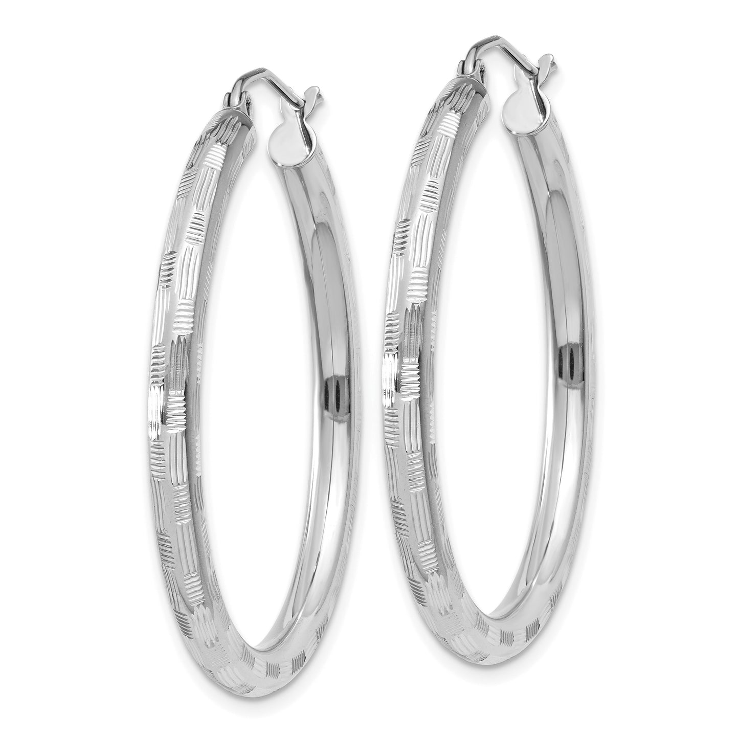 14k White Gold 3x35mm Diamond-cut Tube Hoop Earrings