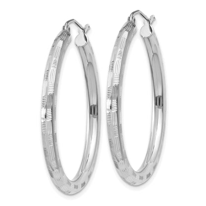 14k White Gold 3x35mm Diamond-cut Tube Hoop Earrings
