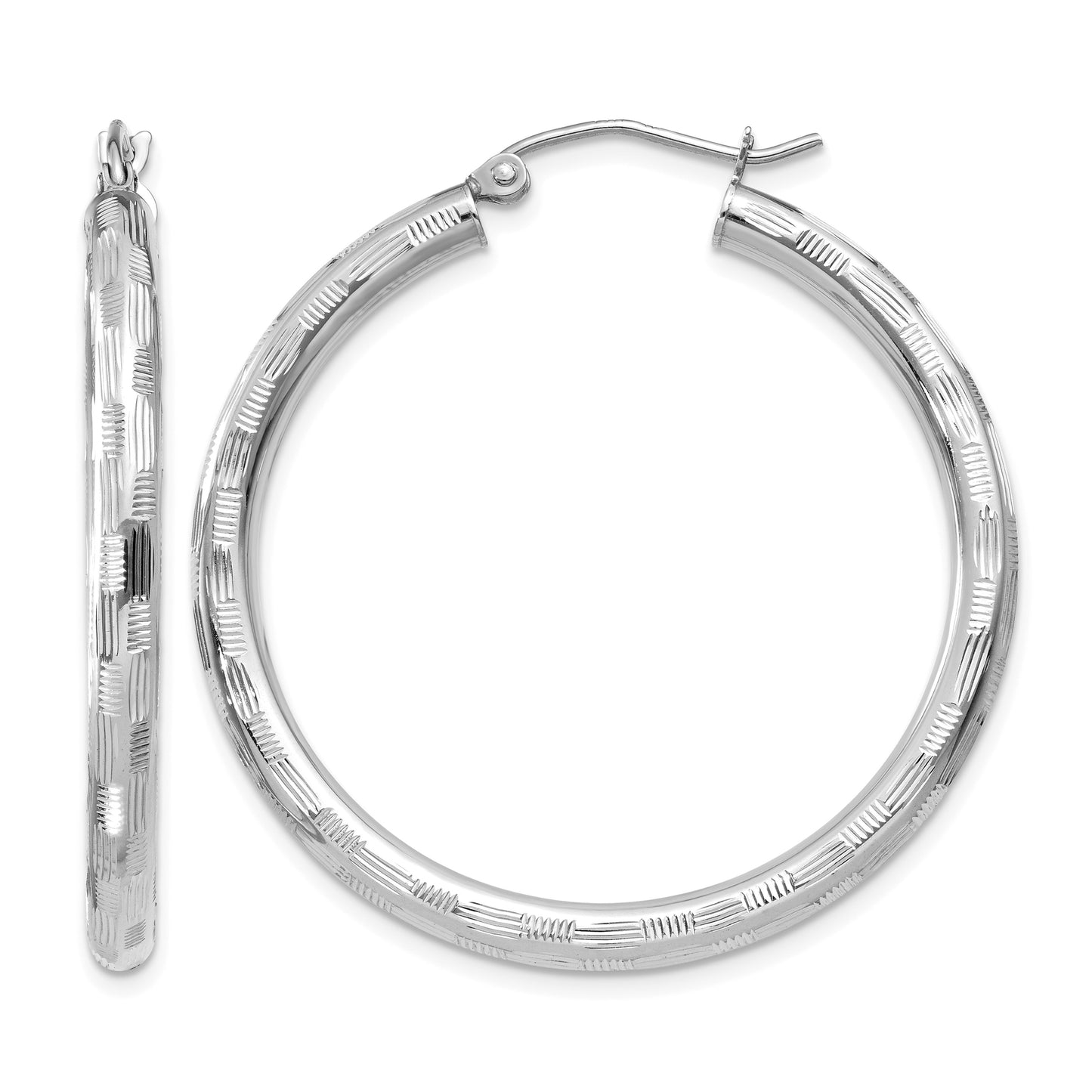 14k White Gold 3x35mm Diamond-cut Tube Hoop Earrings