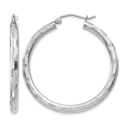 14k White Gold 3x35mm Diamond-cut Tube Hoop Earrings