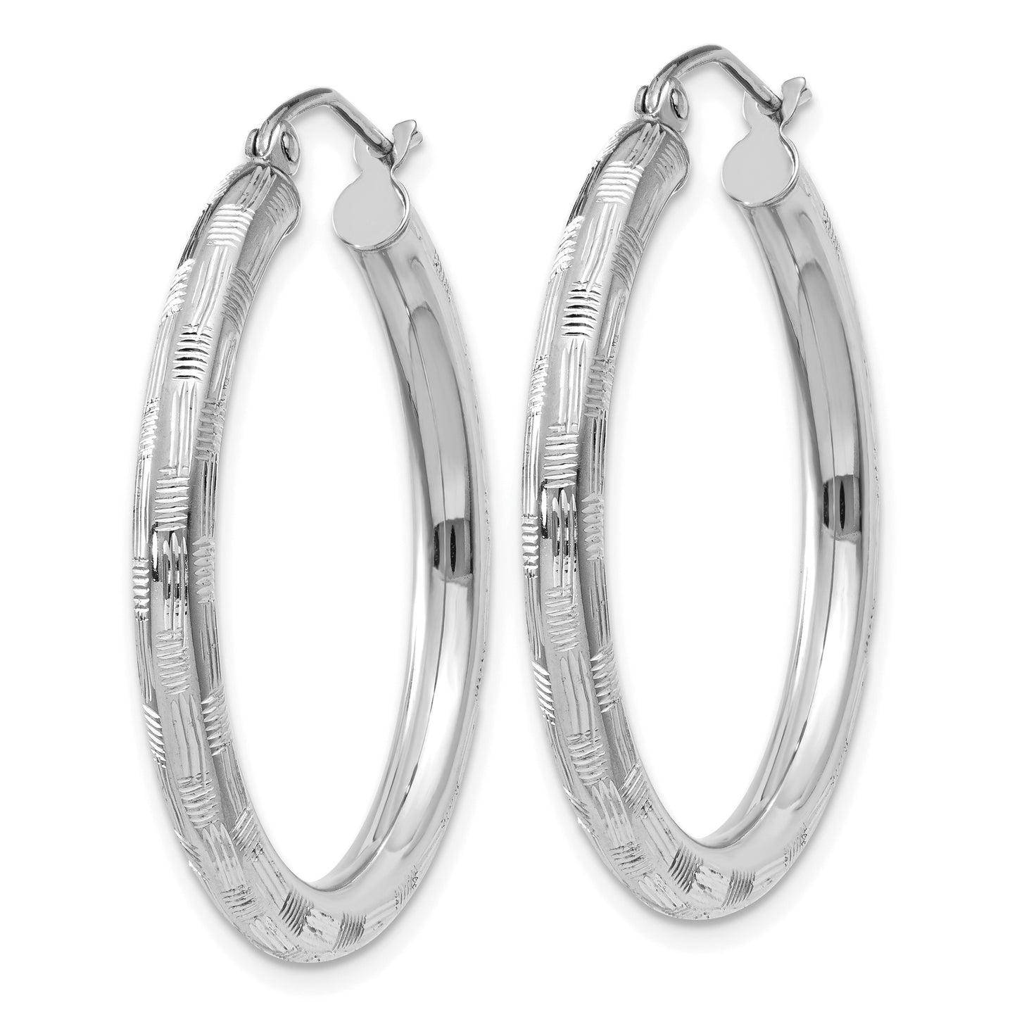14k White Gold 3x30mm Diamond-cut Tube Hoop Earrings