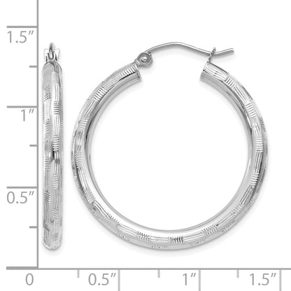 14k White Gold 3x30mm Diamond-cut Tube Hoop Earrings