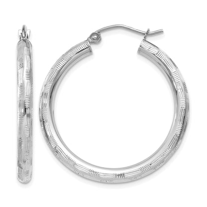 14k White Gold 3x30mm Diamond-cut Tube Hoop Earrings