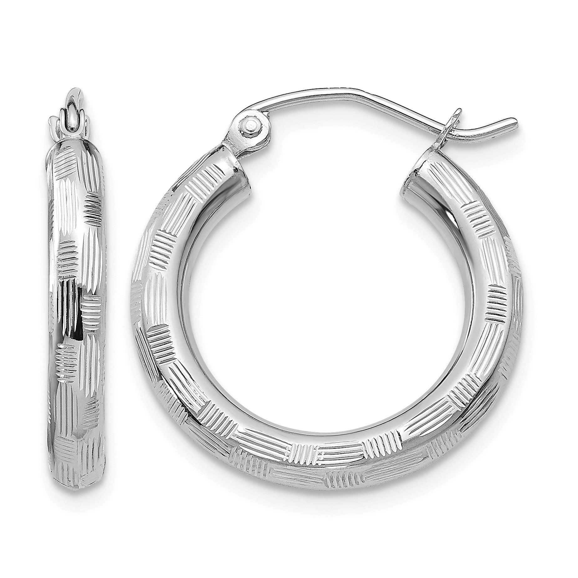 14k White Gold 3x25mm Diamond-cut Tube Hoop Earrings