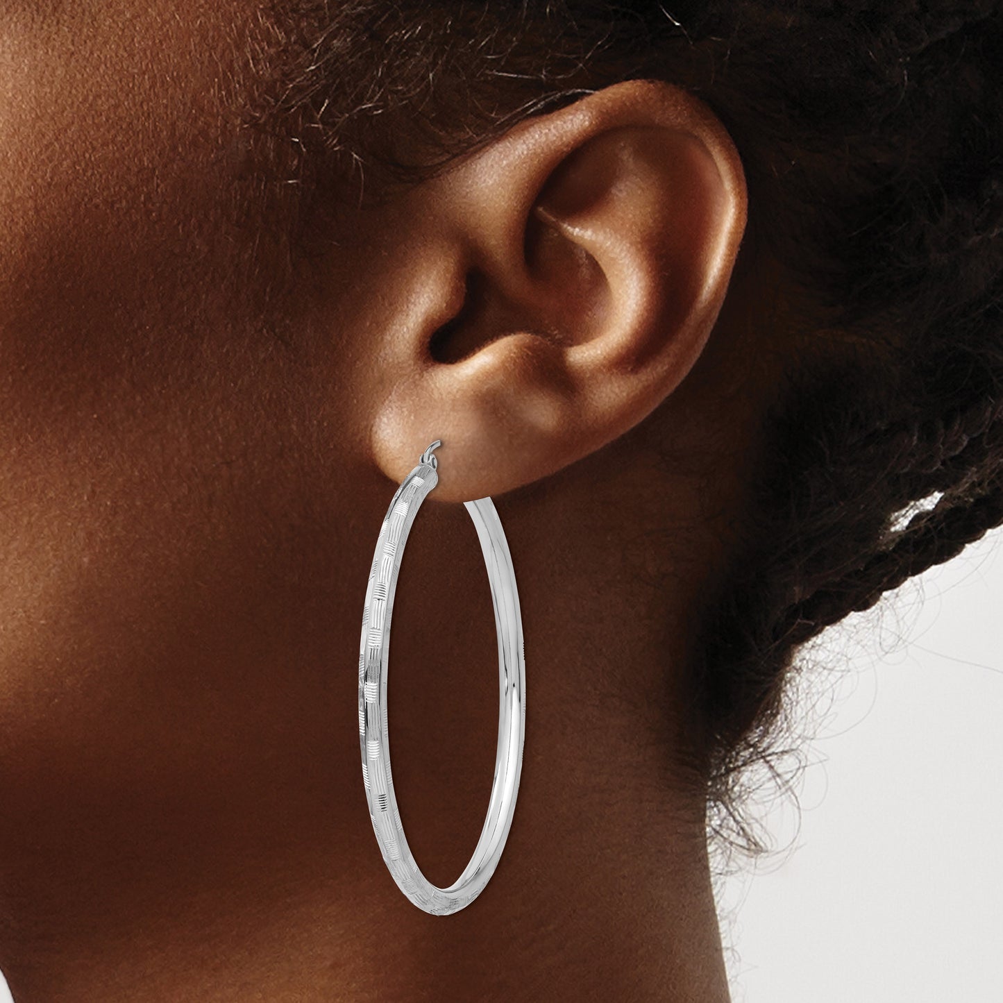 14k White Gold 3x50mm Diamond-cut Tube Hoop Earrings