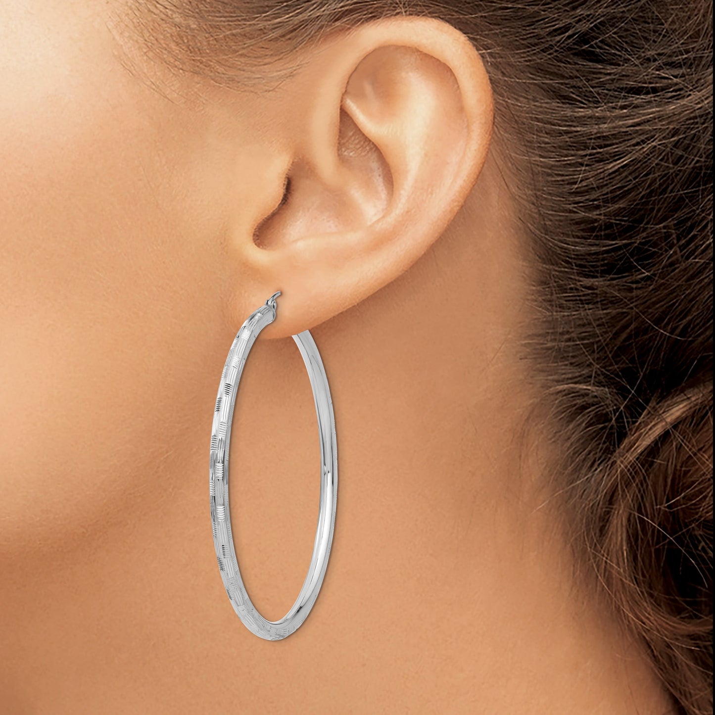 14k White Gold 3x45mm Diamond-cut Tube Hoop Earrings