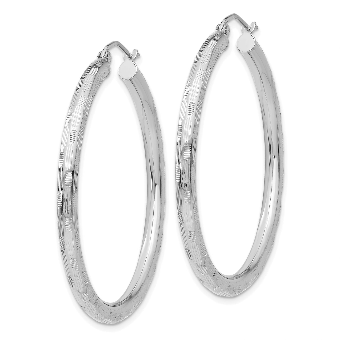 14k White Gold 3x40mm Diamond-cut Tube Hoop Earrings