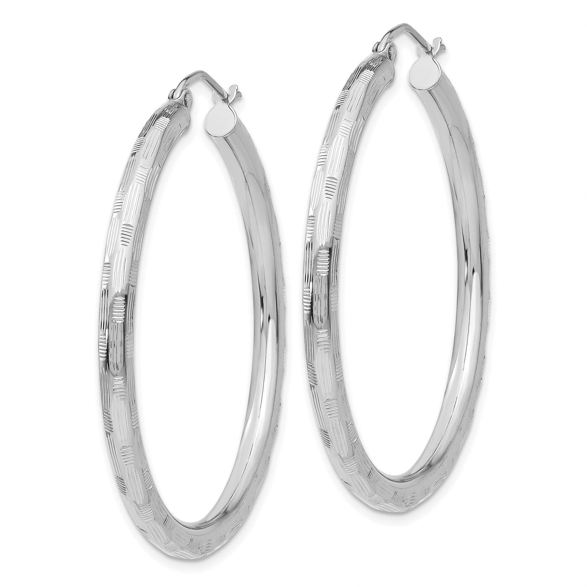 14k White Gold 3x40mm Diamond-cut Tube Hoop Earrings