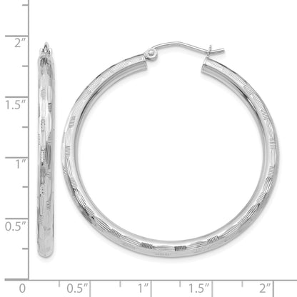 14k White Gold 3x40mm Diamond-cut Tube Hoop Earrings