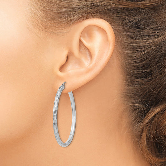 14k White Gold 3x60mm Diamond-cut Tube Hoop Earrings