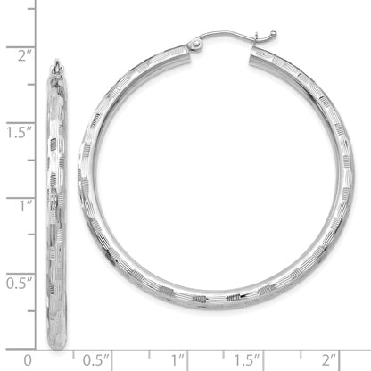 14k White Gold 3x60mm Diamond-cut Tube Hoop Earrings