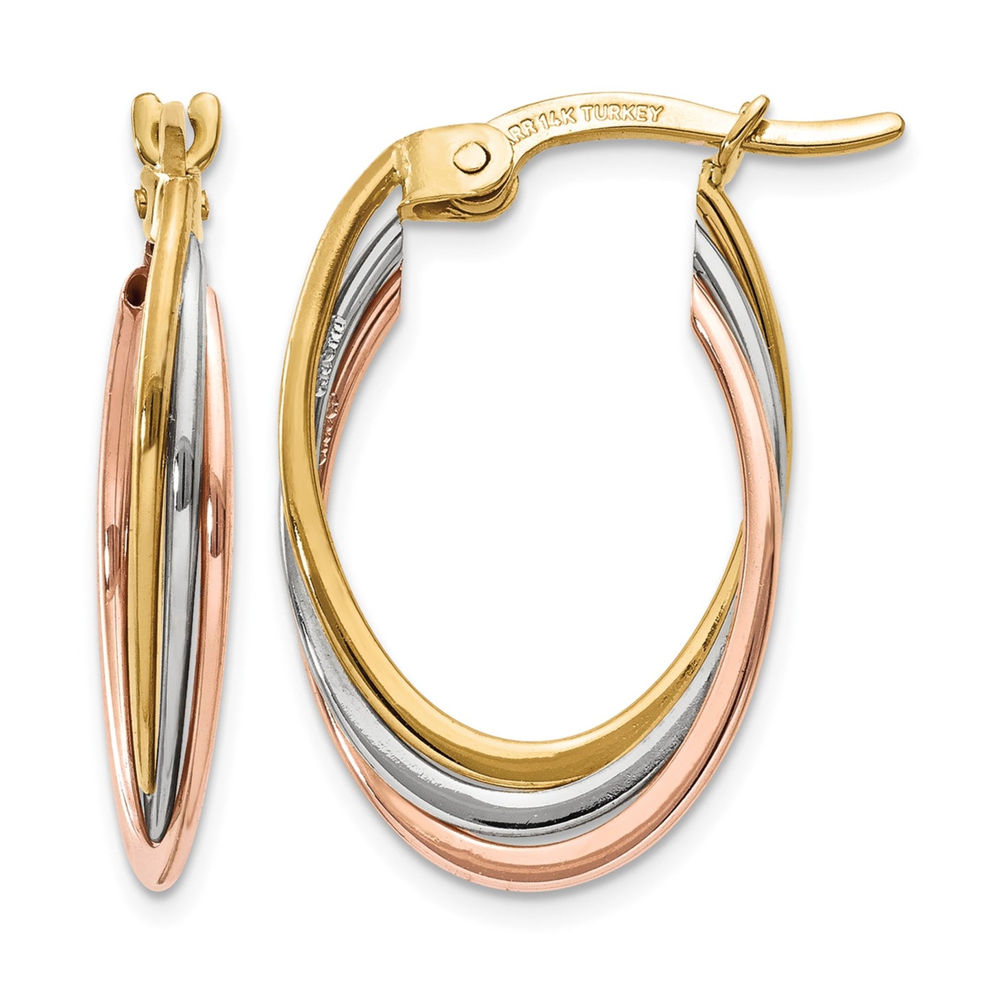 14K Tri-Color Polished Oval Hoop Earrings