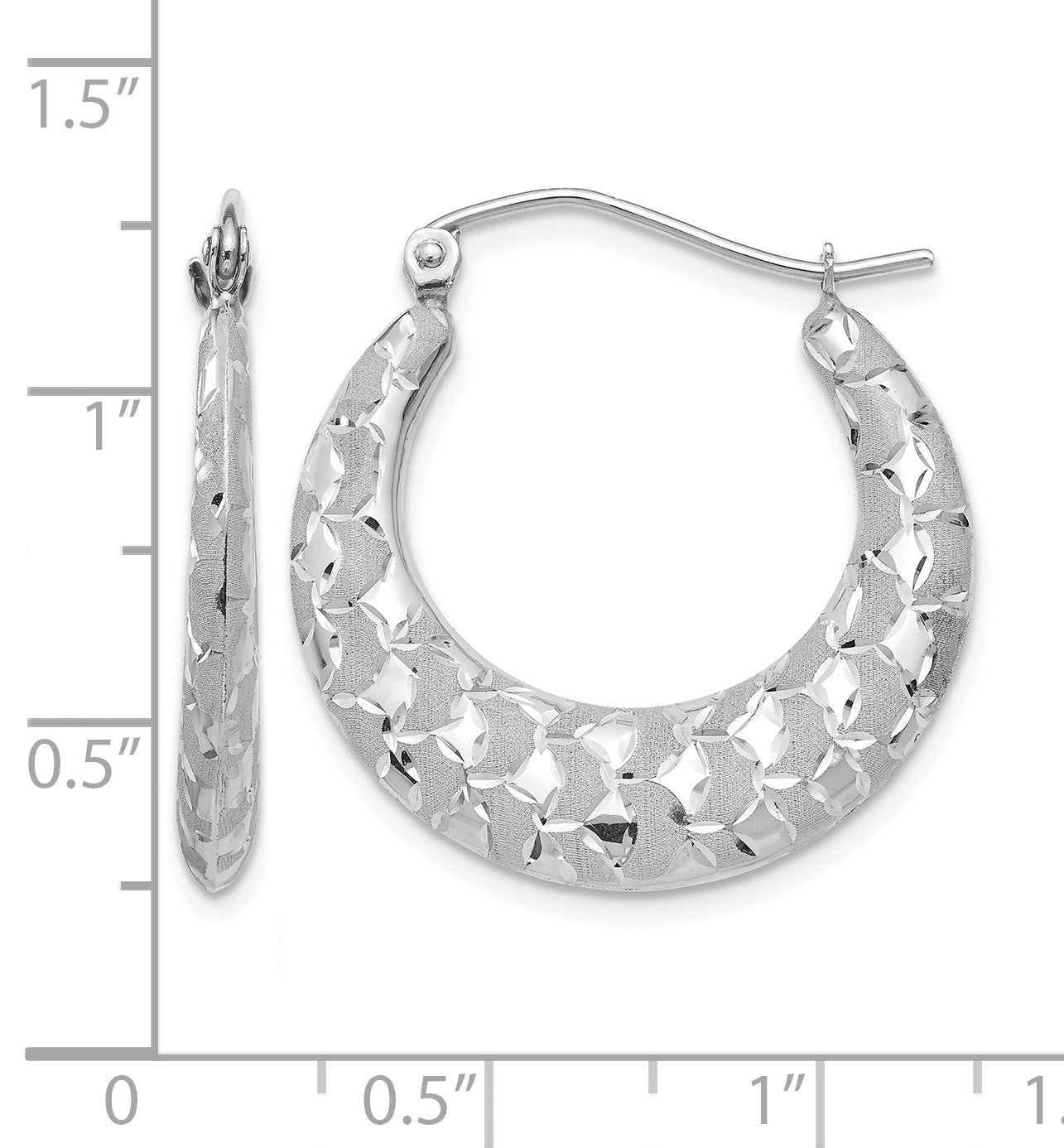 14k White Gold Satin and Diamond-cut Hoop Earrings