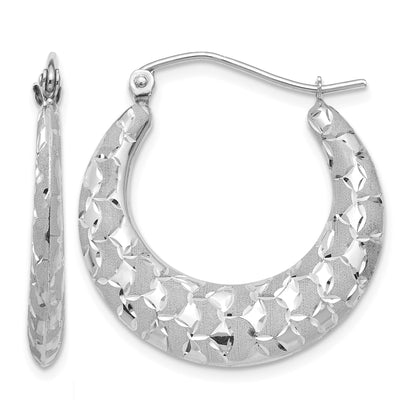 14k White Gold Satin and Diamond-cut Hoop Earrings