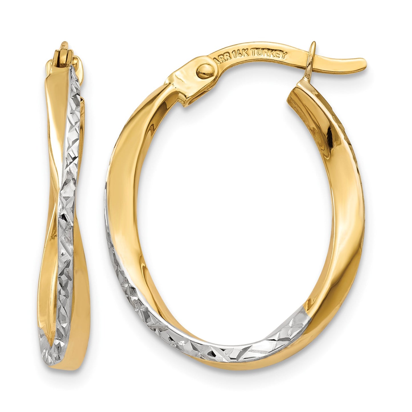 14K w/White Rhodium Textured and Polished Oval Hoop Earrings