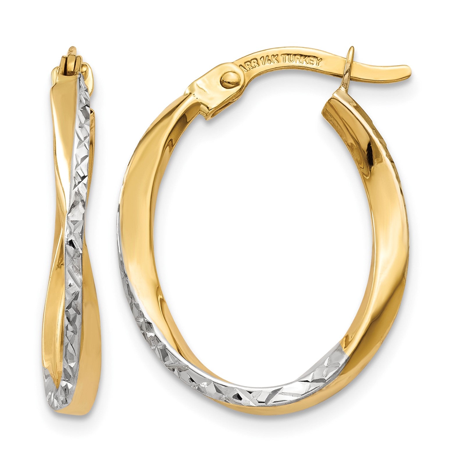 14K w/White Rhodium Textured and Polished Oval Hoop Earrings