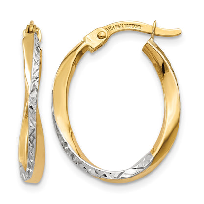 14K w/White Rhodium Textured and Polished Oval Hoop Earrings