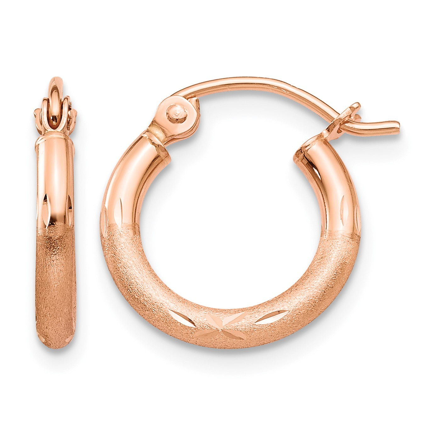 14k Rose Gold 2x13mm Lightweight Satin Diamond-cut Tube Hoop Earrings