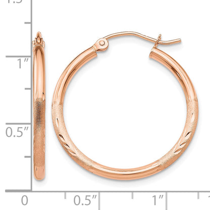 14k Rose Gold 2x25mm Lightweight Satin Diamond-cut Tube Hoop Earrings
