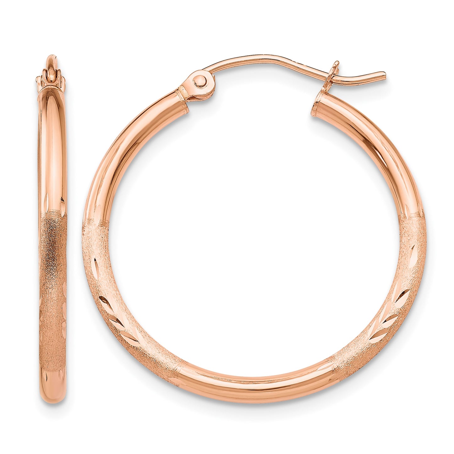 14k Rose Gold 2x25mm Lightweight Satin Diamond-cut Tube Hoop Earrings