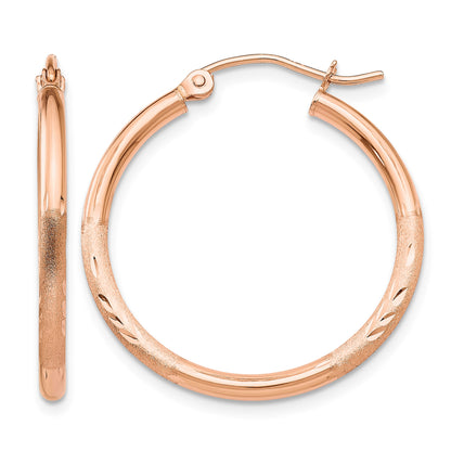 14k Rose Gold 2x25mm Lightweight Satin Diamond-cut Tube Hoop Earrings