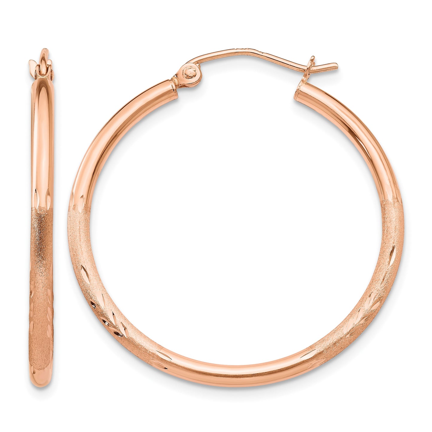 14k Rose Gold 2x30mm Lightweight Satin Diamond-cut Tube Hoop Earrings