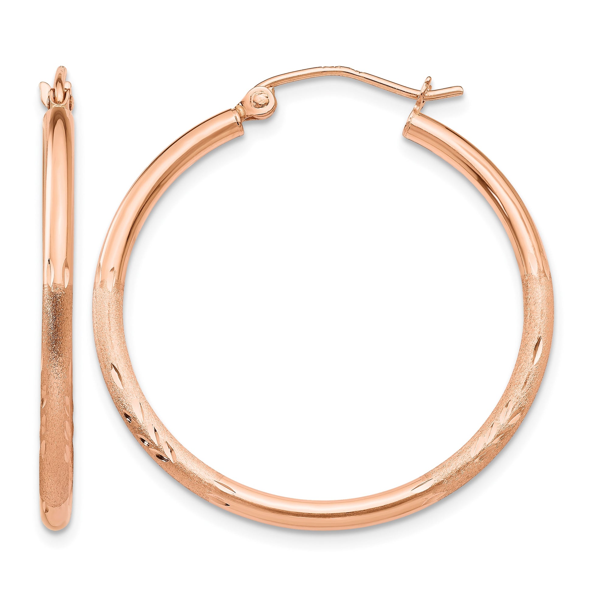 14k Rose Gold 2x30mm Lightweight Satin Diamond-cut Tube Hoop Earrings