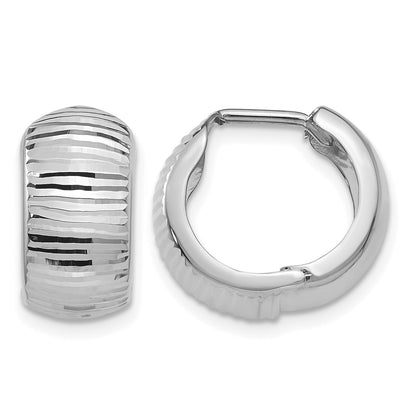 14K White Gold Textured and Polished Hinged Hoop Earrings