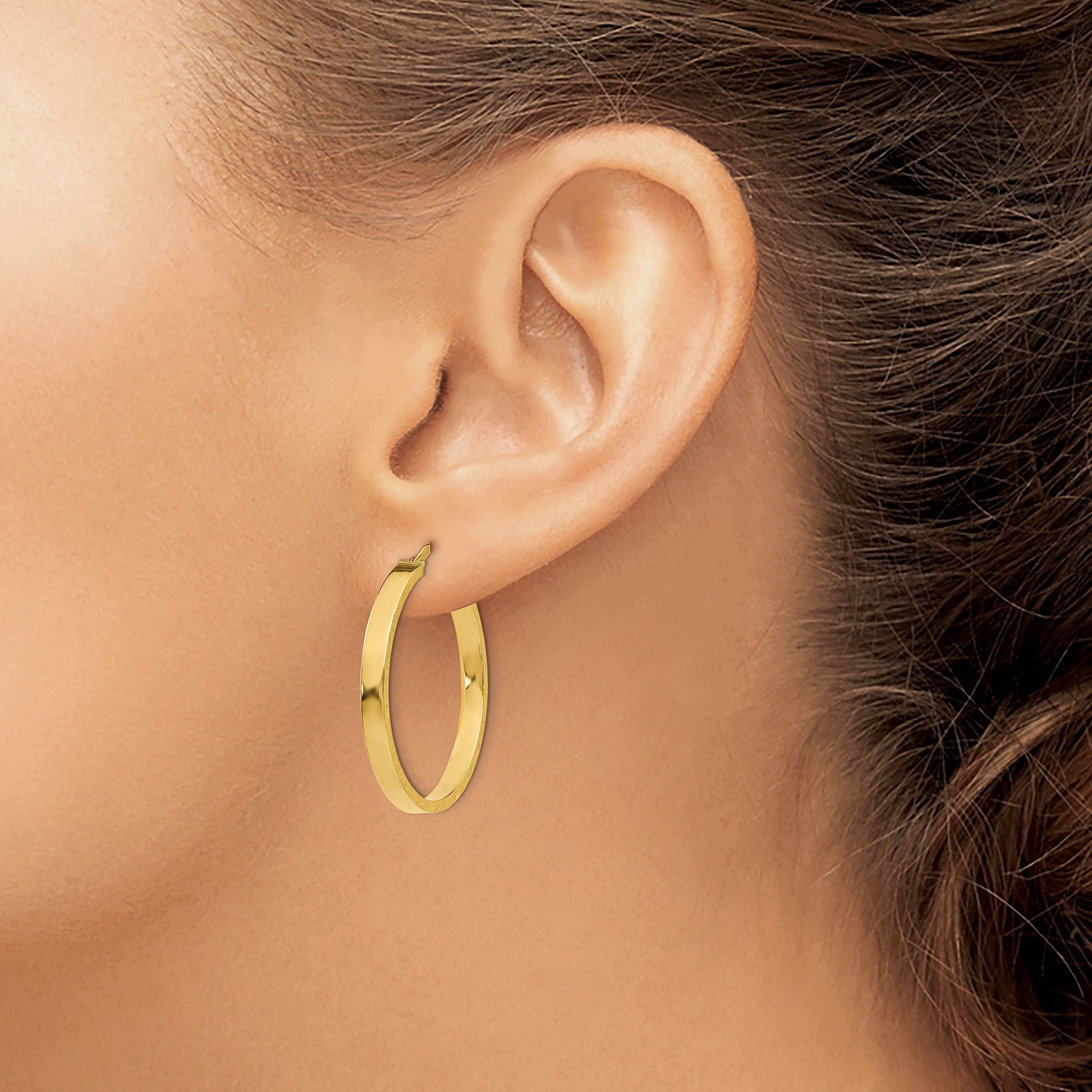14K 3x32mm Polished with Diamond-Cut Edge Tube Hoop Earrings