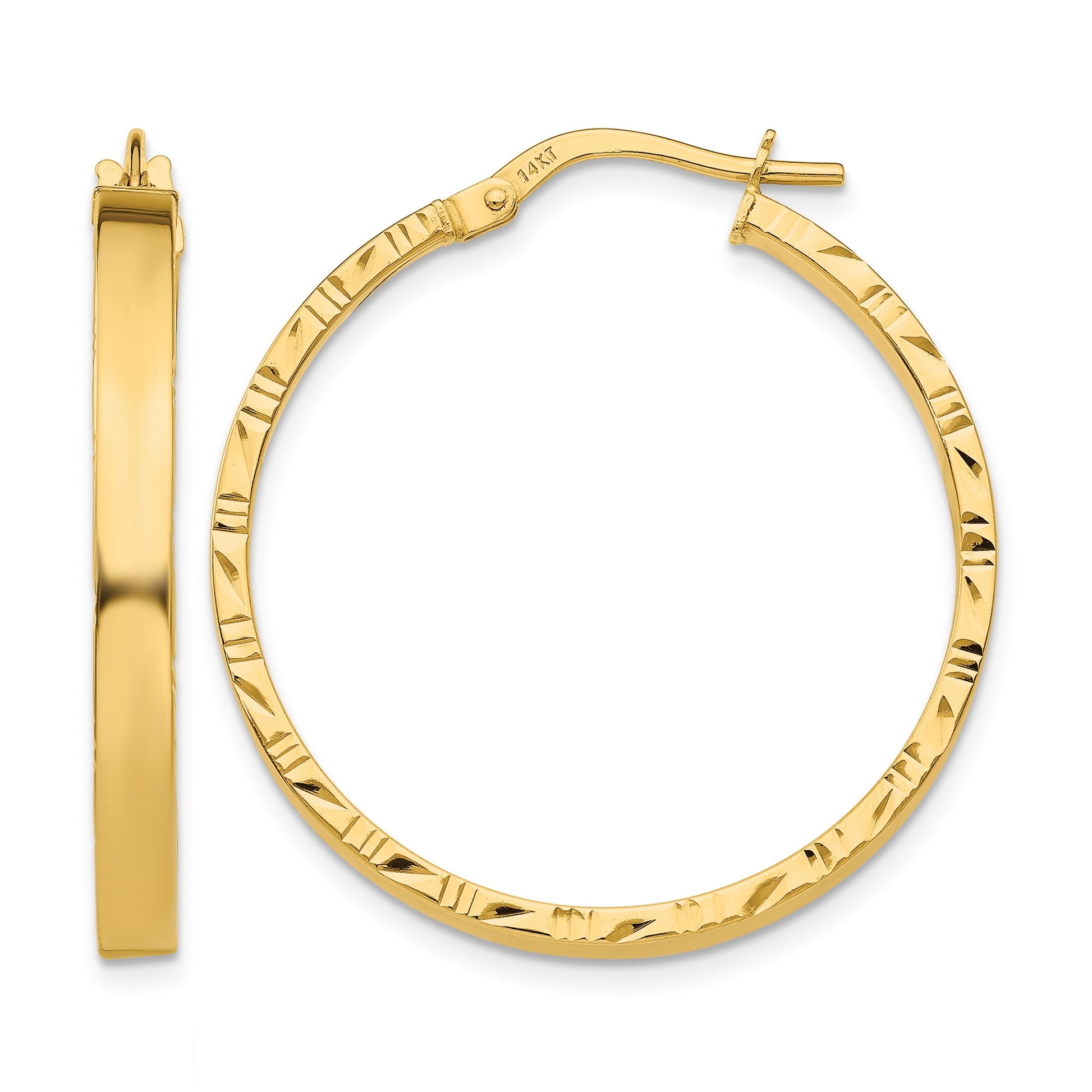 14K 3x32mm Polished with Diamond-Cut Edge Tube Hoop Earrings