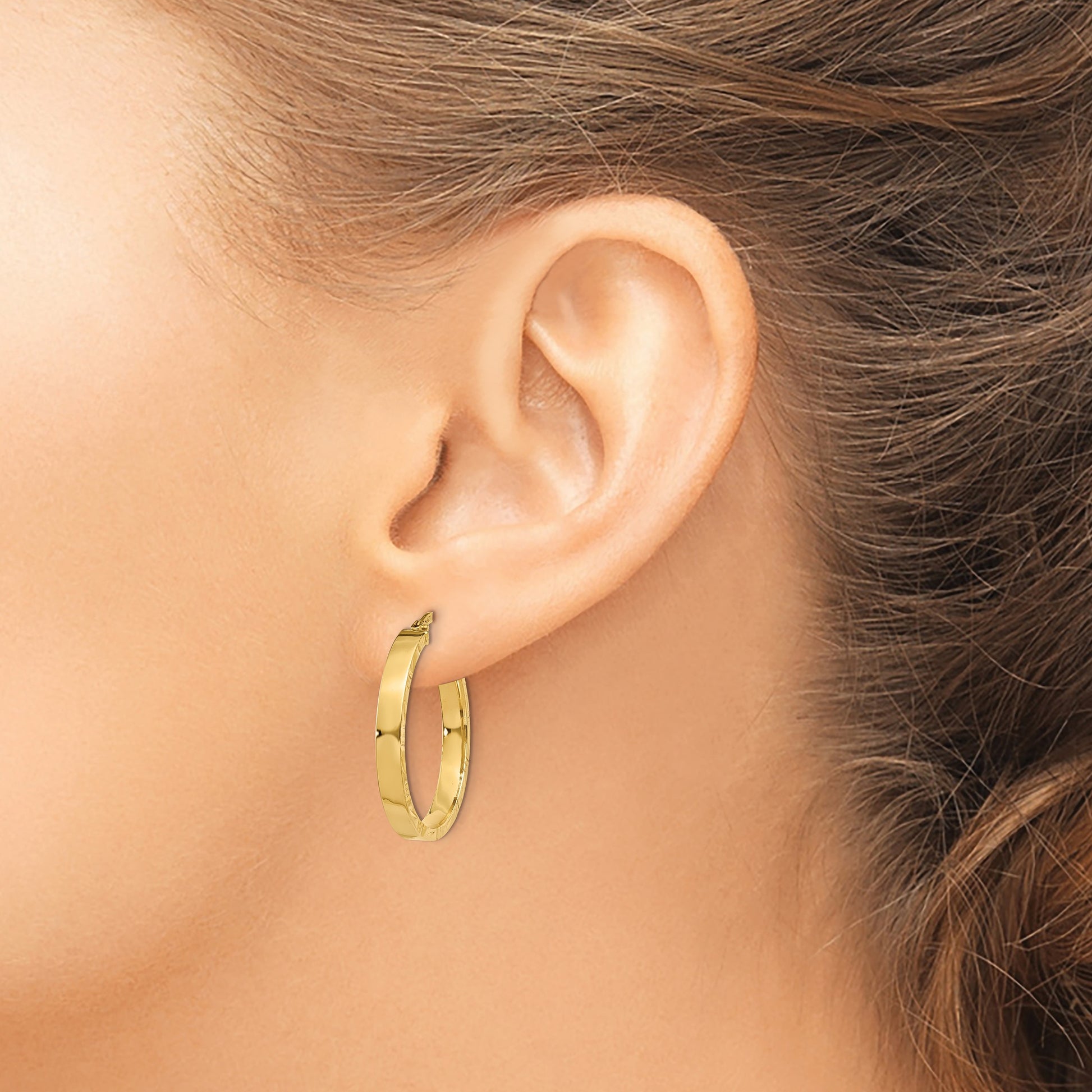 14K 3x26mm Polished with Diamond-Cut Edge Tube Hoop Earrings