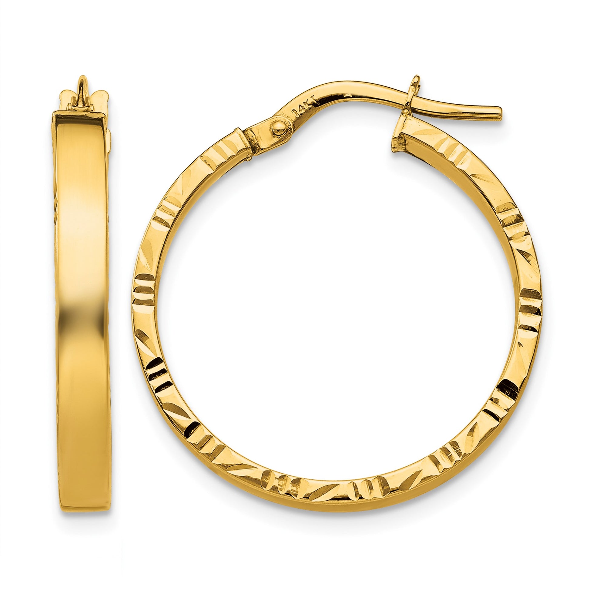 14K 3x26mm Polished with Diamond-Cut Edge Tube Hoop Earrings