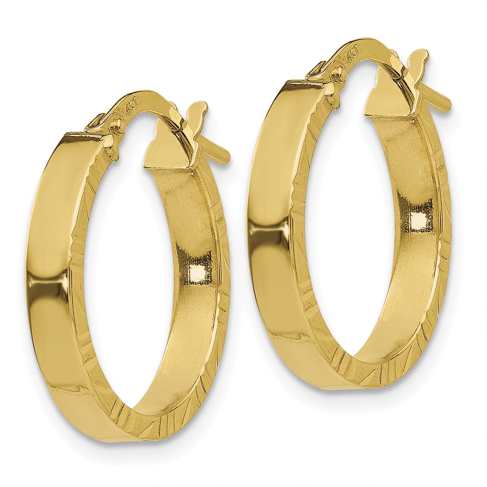 14K 3x20mm Polished with Diamond-Cut Edge Tube Hoop Earrings