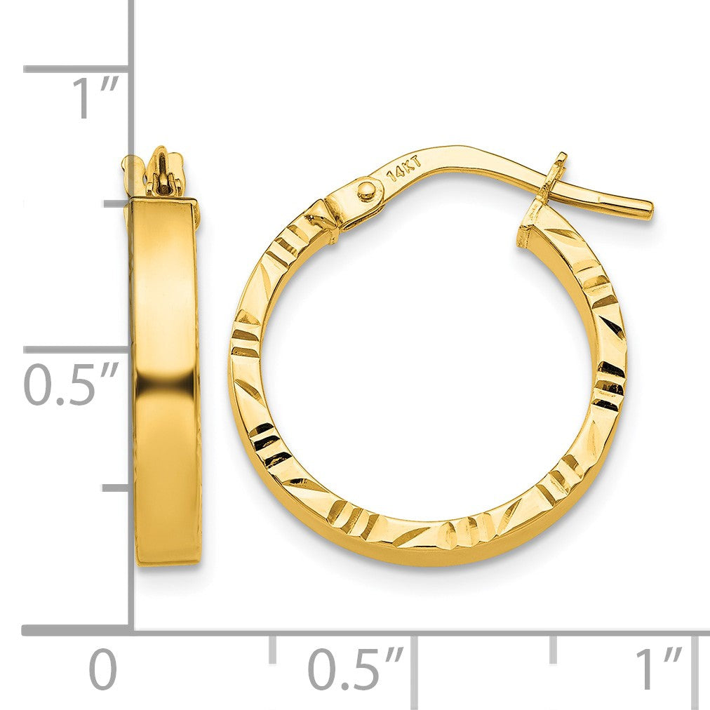 14K 3x20mm Polished with Diamond-Cut Edge Tube Hoop Earrings