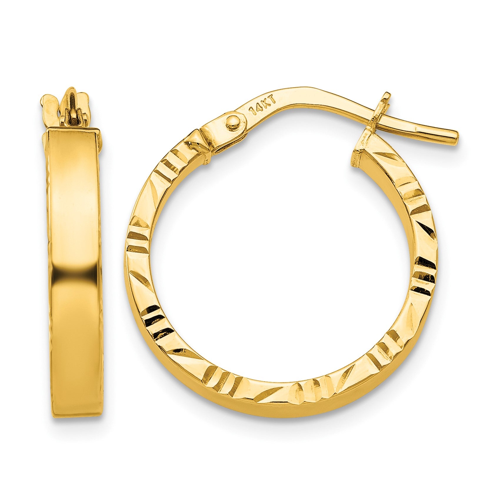 14K 3x20mm Polished with Diamond-Cut Edge Tube Hoop Earrings