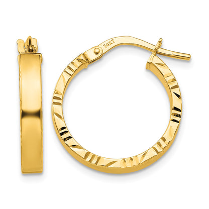 14K 3x20mm Polished with Diamond-Cut Edge Tube Hoop Earrings