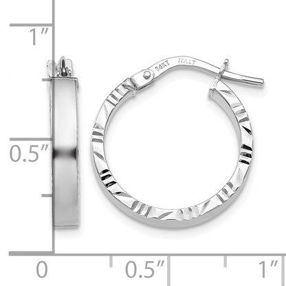 14K White Gold 3x20mm Polished with Diamond-Cut Edge Tube Hoop Earrings