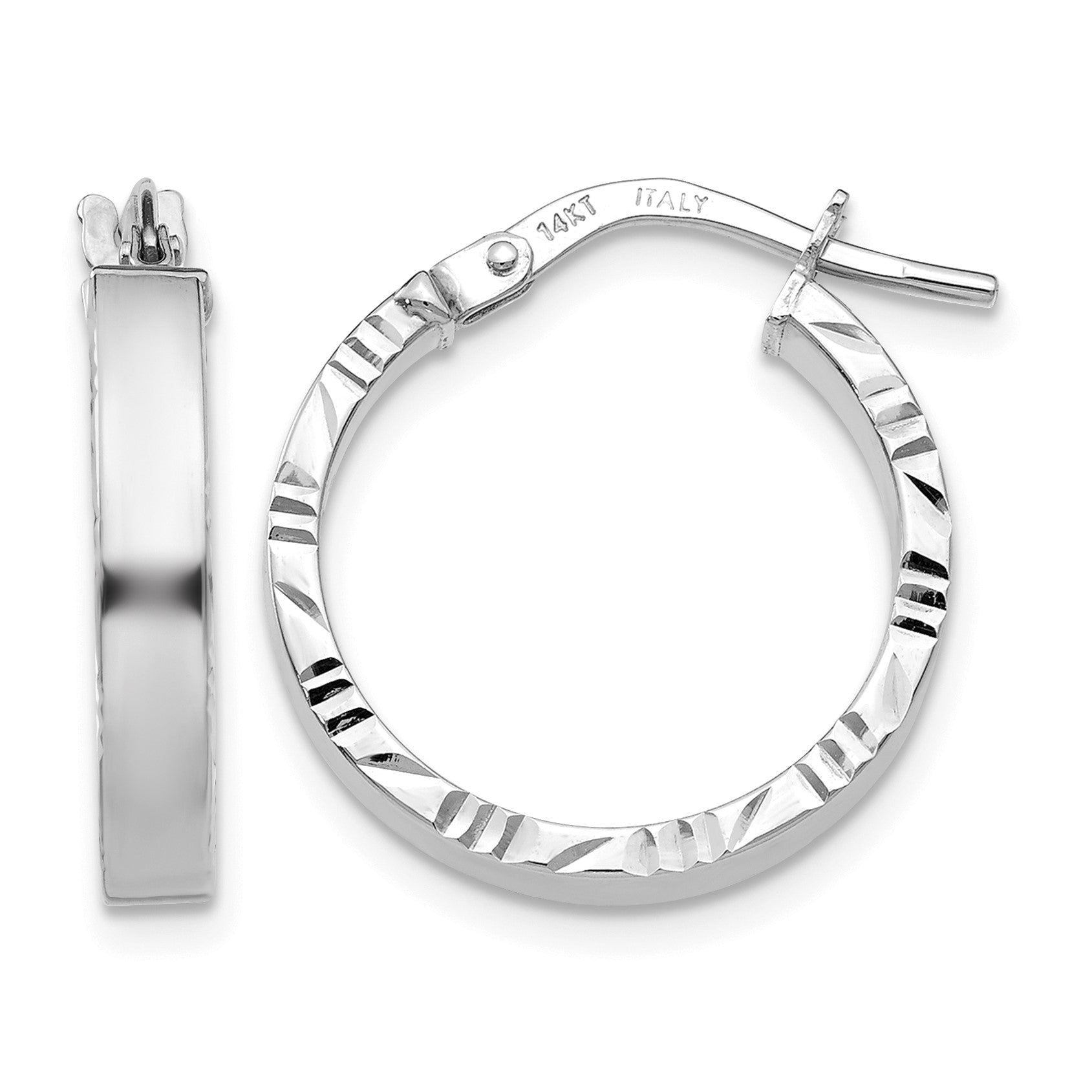 14K White Gold 3x20mm Polished with Diamond-Cut Edge Tube Hoop Earrings