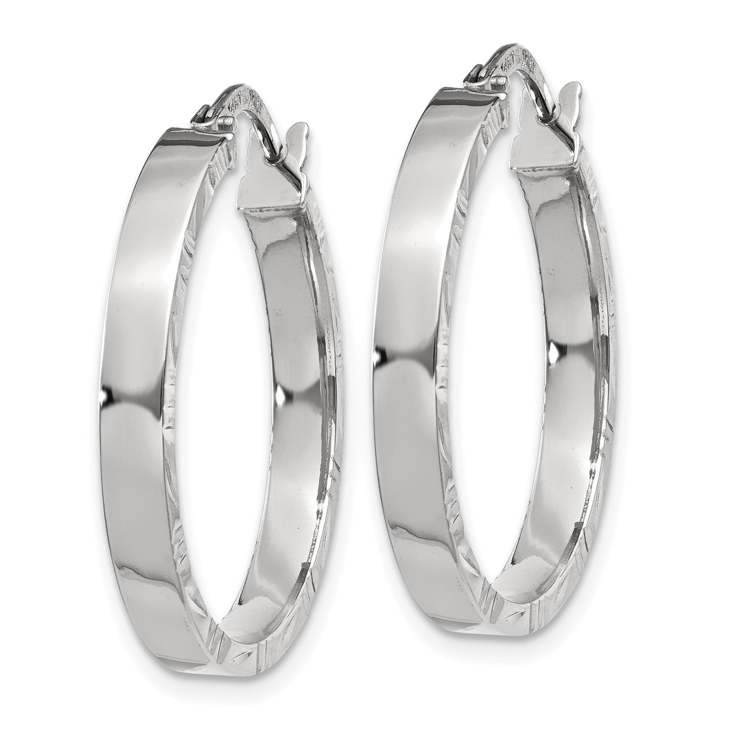 14K White Gold 3x26mm Polished with Diamond-Cut Edge Tube Hoop Earrings