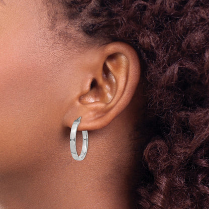 14K White Gold 3x26mm Polished with Diamond-Cut Edge Tube Hoop Earrings