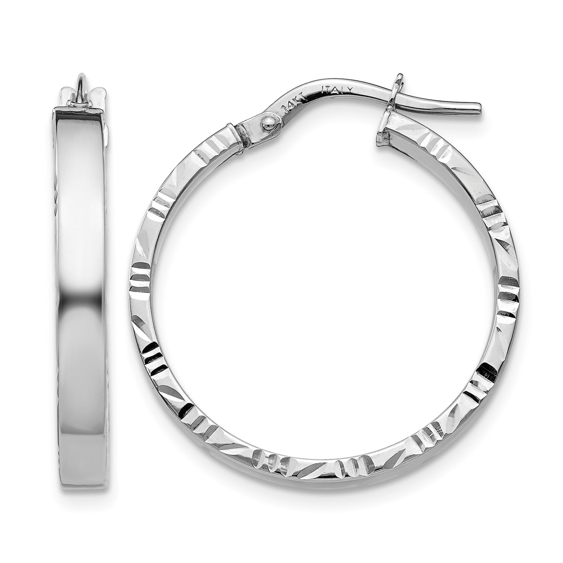14K White Gold 3x26mm Polished with Diamond-Cut Edge Tube Hoop Earrings