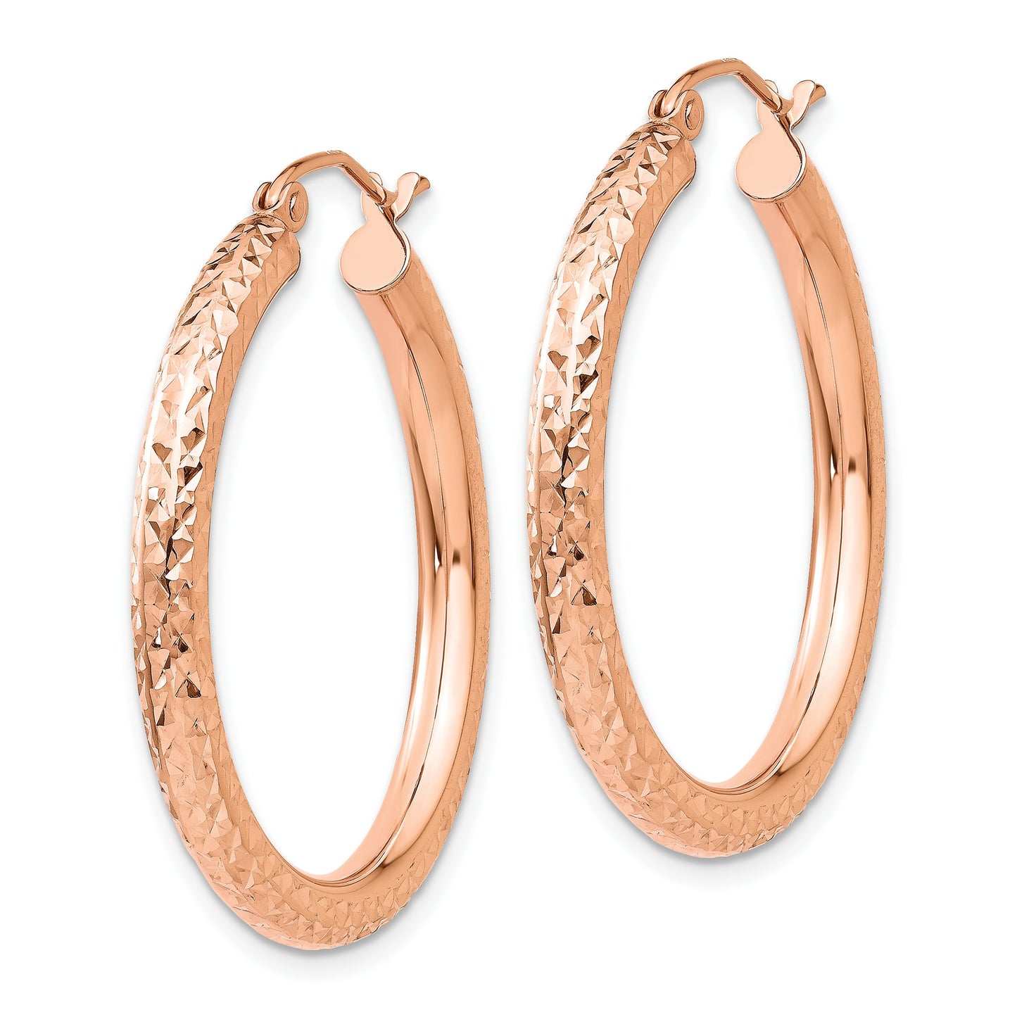 14k Rose Gold 3x30mm Diamond-cut Round Tube Hoop Earrings