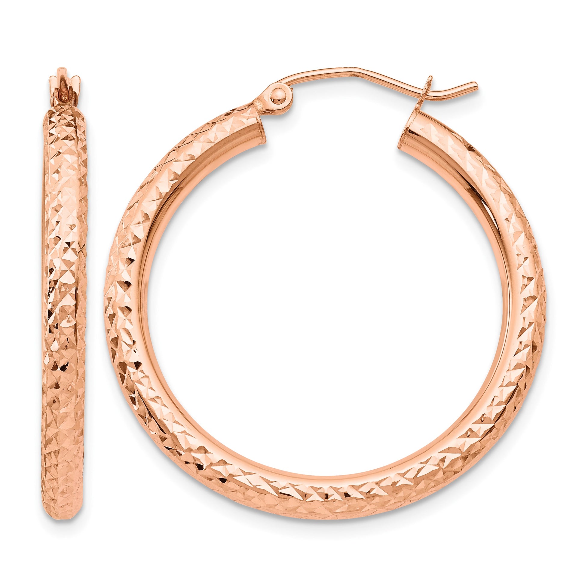 14k Rose Gold 3x30mm Diamond-cut Round Tube Hoop Earrings