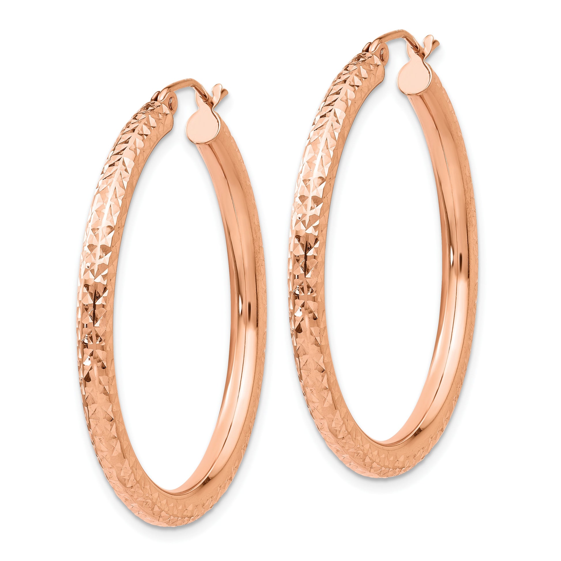 14k Rose Gold 3x35mm Diamond-cut Round Tube Hoop Earrings