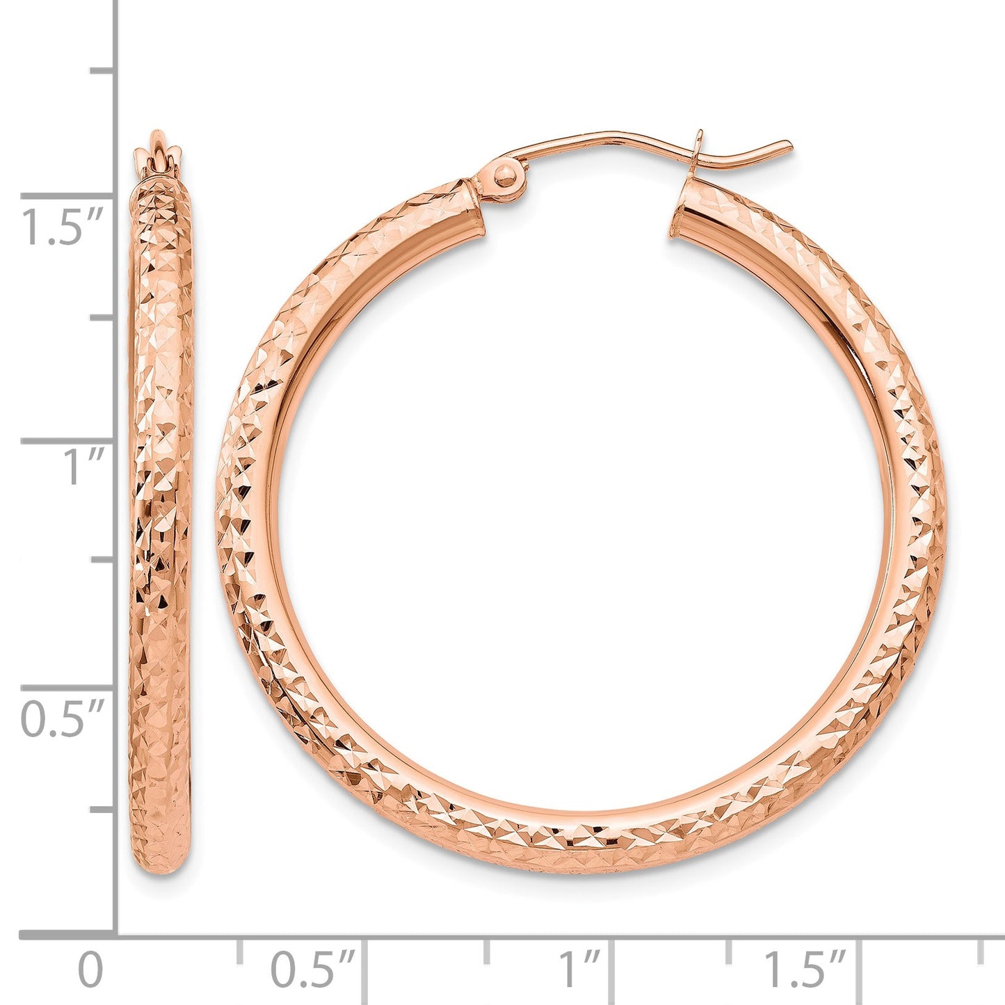 14k Rose Gold 3x35mm Diamond-cut Round Tube Hoop Earrings