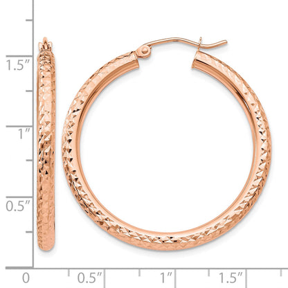 14k Rose Gold 3x35mm Diamond-cut Round Tube Hoop Earrings